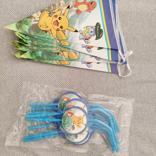 Pokemon party decoration flags and 10 straws like new