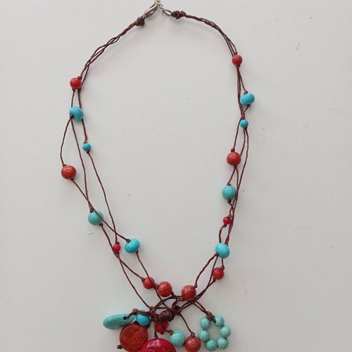 Handmade Boho Necklace with Turquoise, Coral and Waxed Thread like new