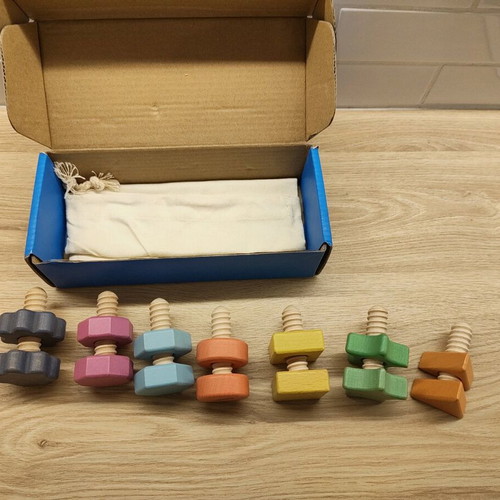 Wooden Montessori Rainbow Nuts & Bolts set of 7 used with linen pouch