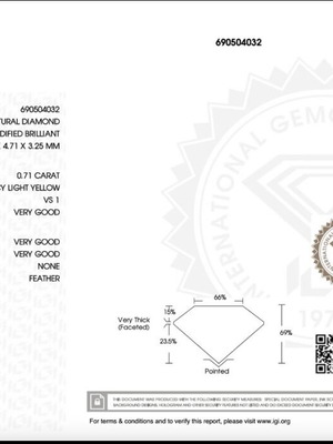 Natural Fancy Light Yellow Diamond 0.71ct VS1 IGI Certified