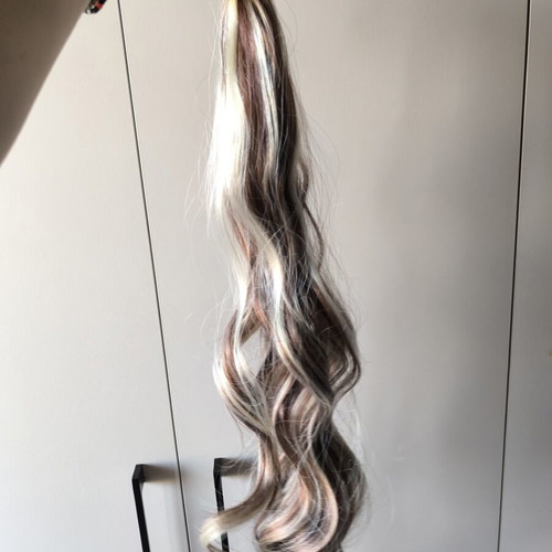 Ponytail hair extension with foil, sweet chestnut red with blonde highlights