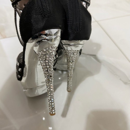 Black Belle Woman sandal used with silver rhinestones, 12 cm heel