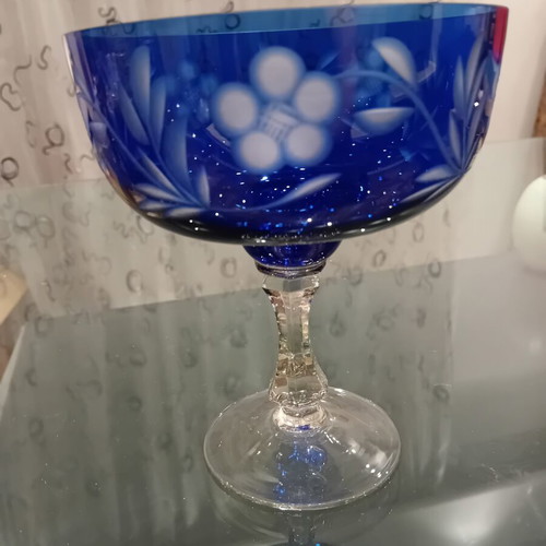 Vintage Bohemia cobalt blue crystal fondue bowl with floral carving, like new