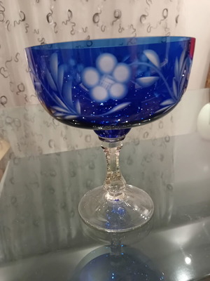 Vintage Bohemia cobalt blue crystal fondue bowl with floral carving, like new