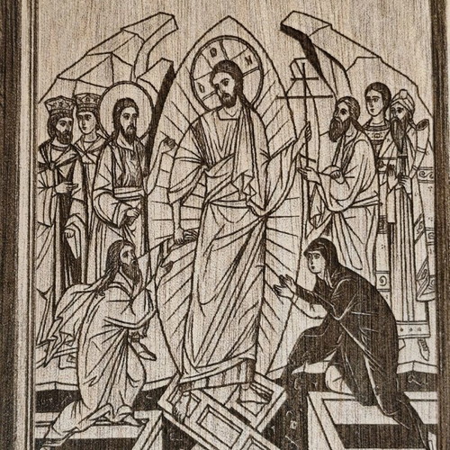 Wooden table icon of the Resurrection new with carved frame and angel wings