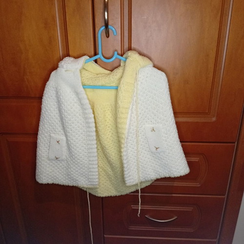 Baby knitted jacket with hood, like new, white and soft yellow