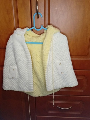 Baby knitted jacket with hood, like new, white and soft yellow