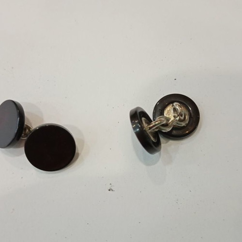 Cufflinks new black round plastic with deep burgundy hint