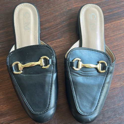 Backless loafers black moccasins size 37 used, gold horsebit