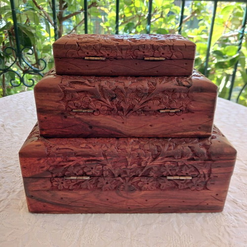 Set of 3 handmade woodcarved boxes from rosewood with velvet lining