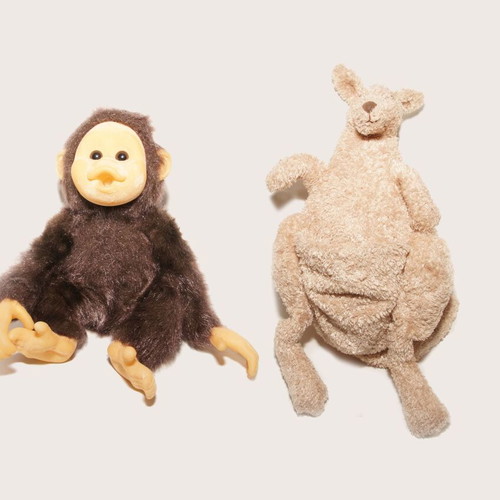 Stuffed monkey-kangaroo used, set of 2 with pouch