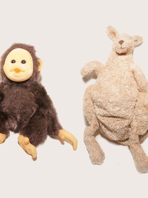 Stuffed monkey-kangaroo used, set of 2 with pouch