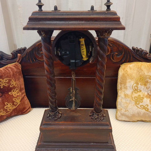 Portico Table Clock 19th Century Used, Wooden Frame, Quartz Mechanism