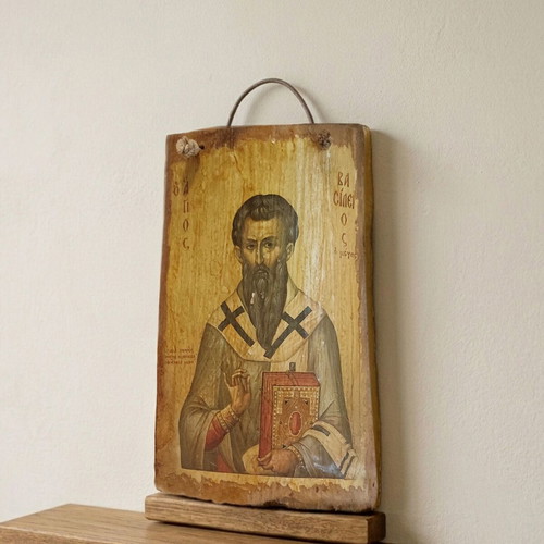 Saint Basil Icon used on old tile, Byzantine style