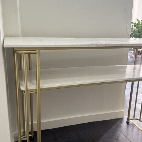 Desk console with metal frame and white marble-look surface