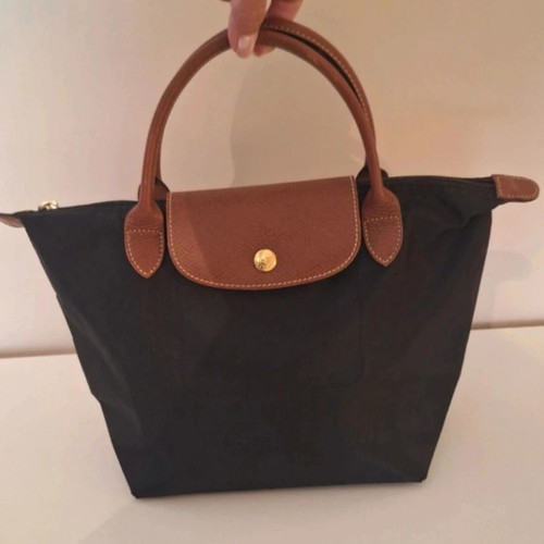 Longchamp Le Pliage black handbag with brown leather details