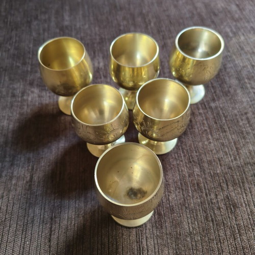 Vintage brass liqueur glasses set of 6 with engraved designs, handmade