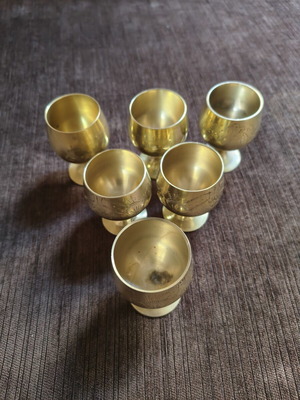 Vintage brass liqueur glasses set of 6 with engraved designs, handmade