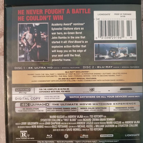 Rambo: First Blood Blu-Ray like new with 4K UHD disc and subtitles