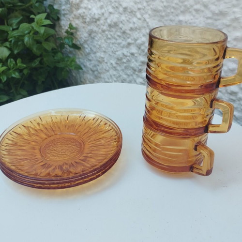 Vintage coffee set 3 pieces amber glass Sunflower design