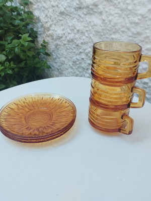 Vintage coffee set 3 pieces amber glass Sunflower design