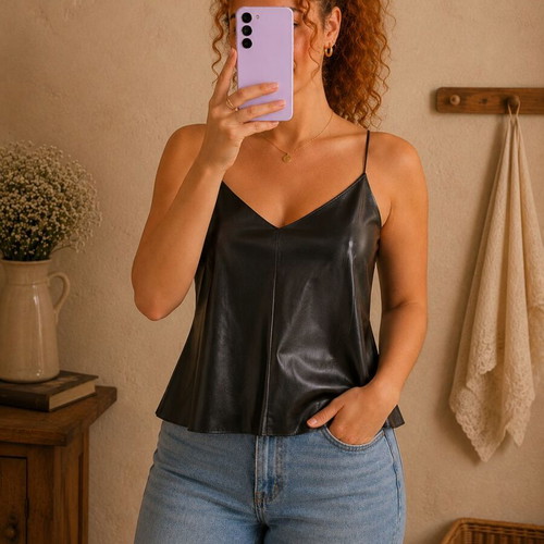 Noisy May black leather texture camisole top used, size M
