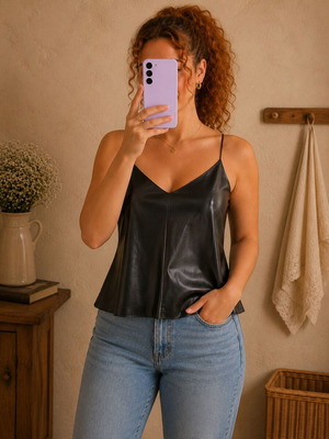 Noisy May black leather texture camisole top used, size M