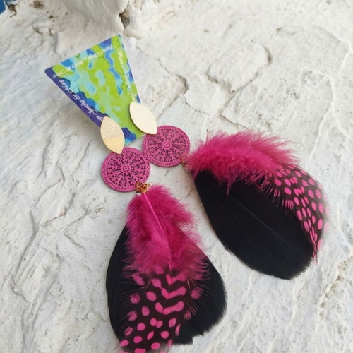 Earrings with Pink and Black Feathers new