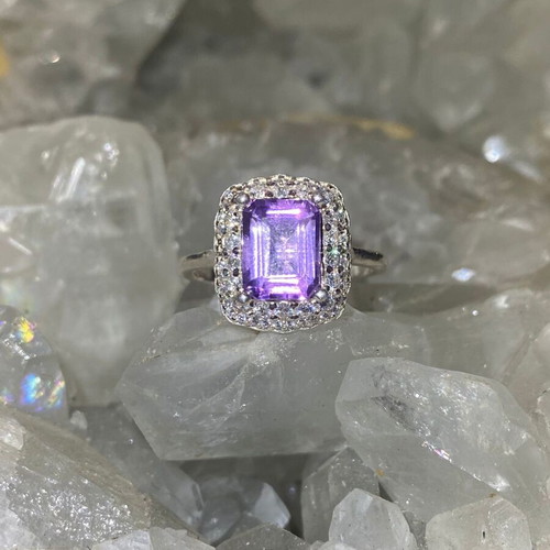 Silver ring with natural amethyst cut stone and moissanite, new