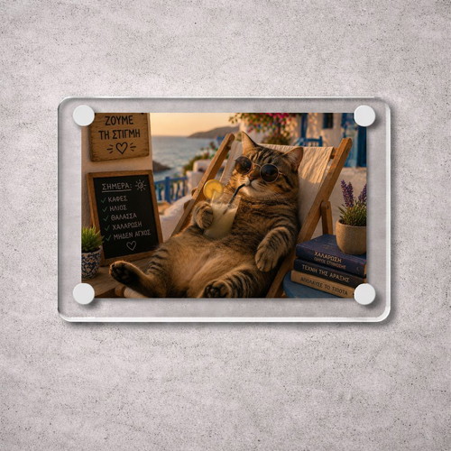 Acrylic fridge magnet "Ζούμε τη στιγμή" new, Summer Cat Vibes