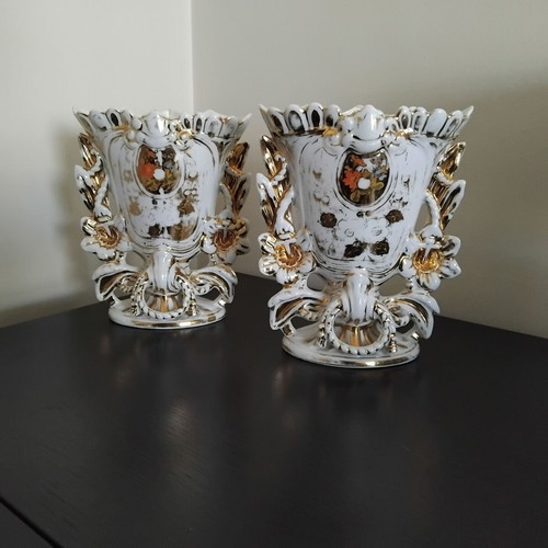 Porcelain vases pair used, baroque rococo style from 1940s