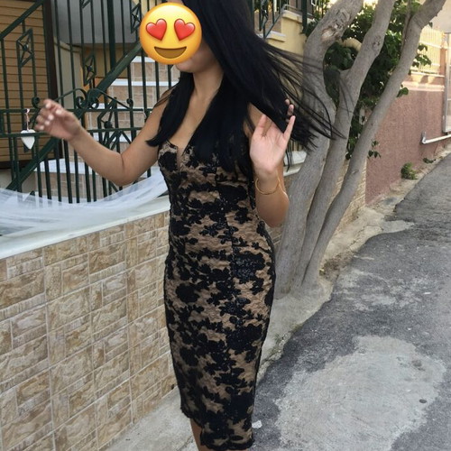 E.makkou evening dress with lace and sequins, black and nude, midi, like new