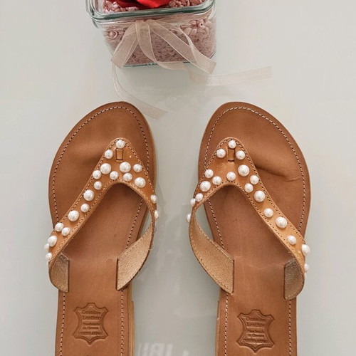 Ancient Greek Sandals leather sandals new, size 40, beige with pearls