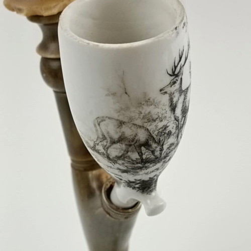 Antique handmade pipe used, horn, bronze and porcelain with deer motif