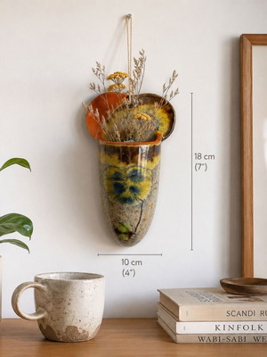Handmade ceramic wall pocket vase with multicolor glaze, 1950s, like new