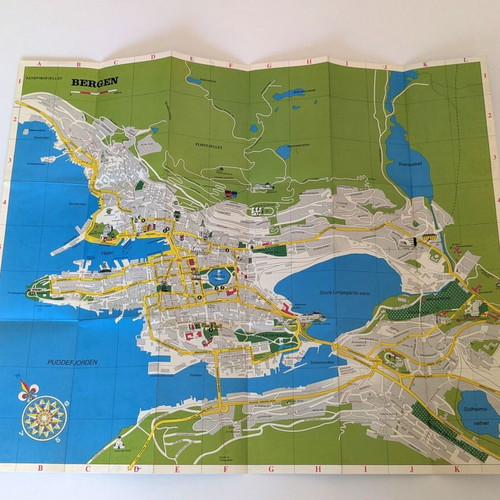 Vintage Pictorial Map Bergen Norway 1974 used