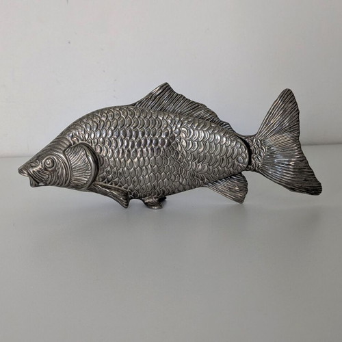 Vintage silver-tone metal fish napkin holder used, 23 x 10 cm