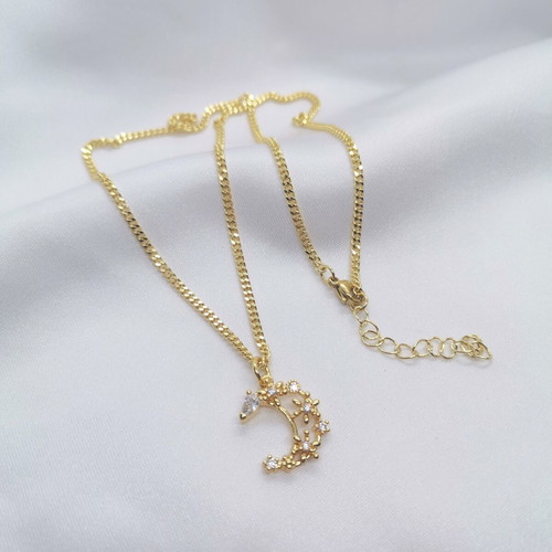 18K Gold-Plated Necklace with Crescent Moon and Zircon, 45cm, New