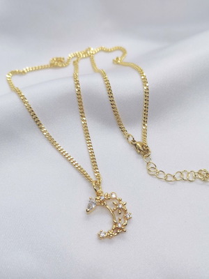 18K Gold-Plated Necklace with Crescent Moon and Zircon, 45cm, New