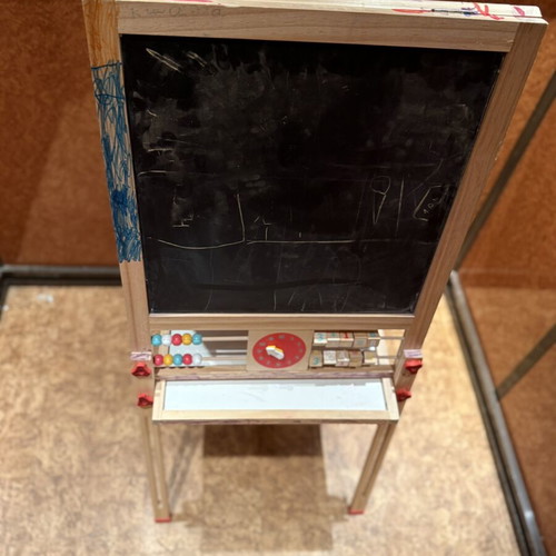Wooden Double-Sided Kids Drawing Easel used with chalkboard and storage shelf