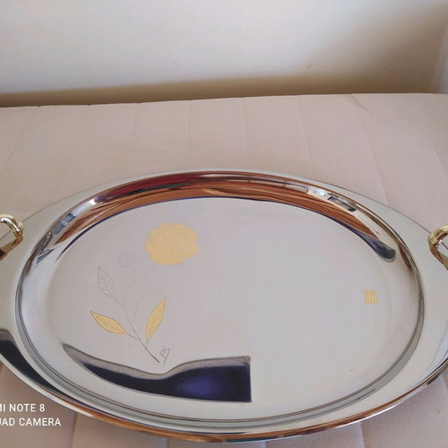 Stainless Steel Tray Set with 12 Wine/Liqueur Glasses and 2 Small Platters 24K Gold