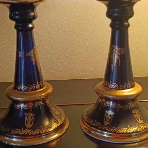 Limoges candle holders used, cobalt blue porcelain with gold details