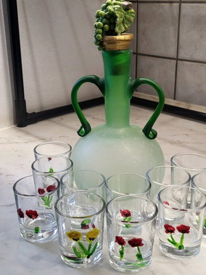 Liqueur set used with carafe and six hand-painted glass cups