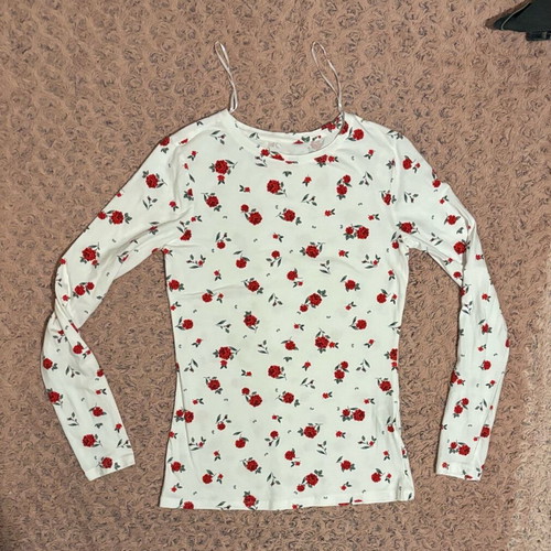 Cotton blouse thin long-sleeve white with red flowers like new, size M