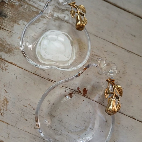 Vintage glass bowls shaped like pears with brass fruit detail, like new