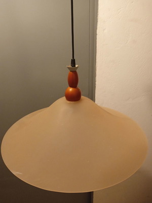 Ceiling light used, wood with soft peach glass