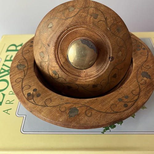 Vintage wooden fondant bowl with brass details, like new