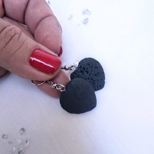 Heart earrings made of black lava new with stainless steel hooks