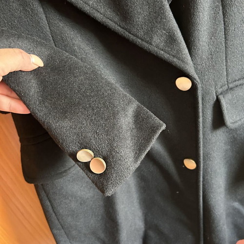 Stradivarius black coat, medium size, knee-length, gold buttons