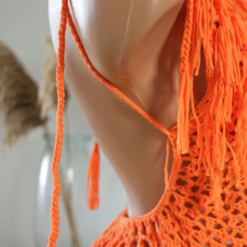 Beachwear one-piece orange new with braided pattern and tassels